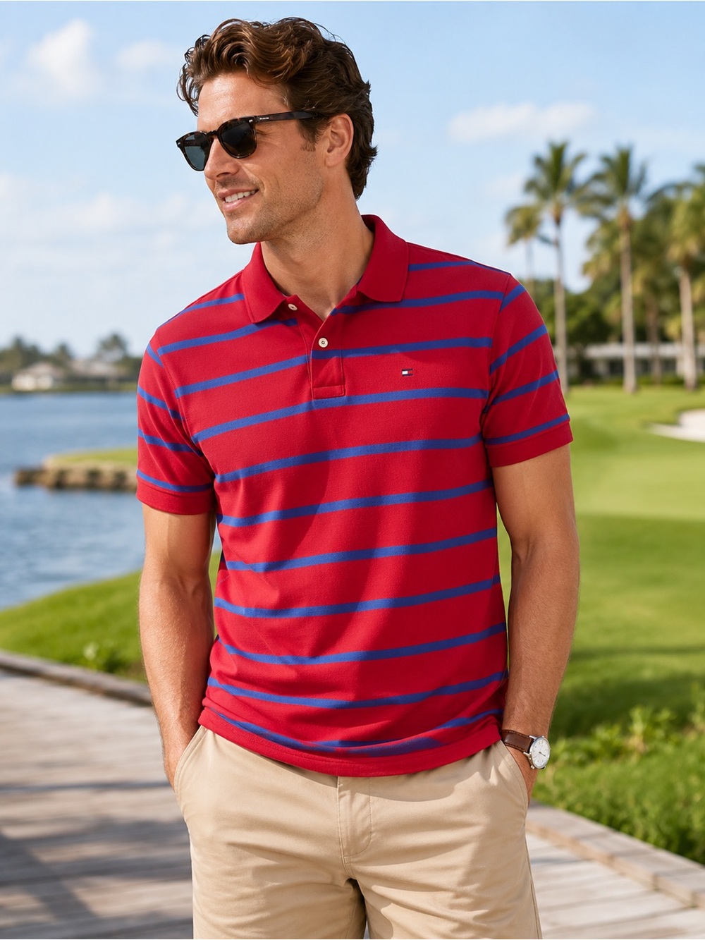 Tommy Hilfiger Men’s Red Blue Striped Polo Shirt Size Large 100% Cotton Logo